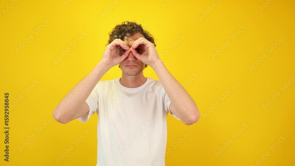 Surprised man in white t-shirt mimicking binoculars with hands, then lowering them and exclaiming WOW dynamic visual ideal for sales campaigns, discount promotions, black friday, cyber monday content Surprised man in white t-shirt mimicking binoculars with hands, then lowering them and exclaiming WOW dynamic visual ideal for sales campaigns, discount promotions, black friday, cyber monday content
