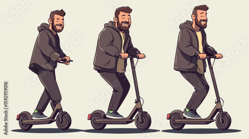 Joyful Man Riding Electric Scooter Vector
