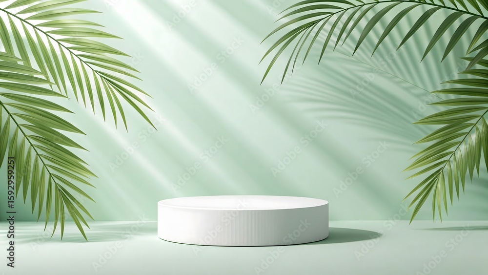 Fototapeta premium Minimalist Product Display Podium with Palm Leaves and Light Green Background