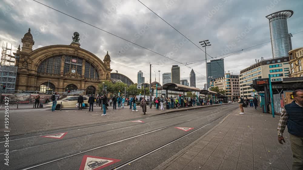 Time lapse of Crowd of People tourist walking and crossing road and tram station in front of Frankfurt (Main) Hauptbahnhof the city's grand main terminal station for regional & long-distance routes in