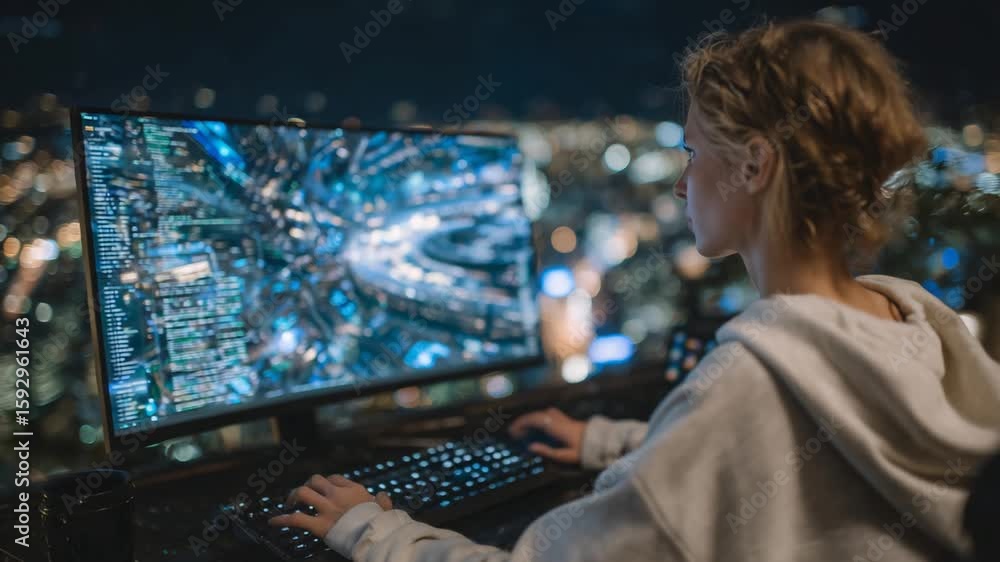 Indie game designer types swiftly on a mechanical keyboard, crafting a ...