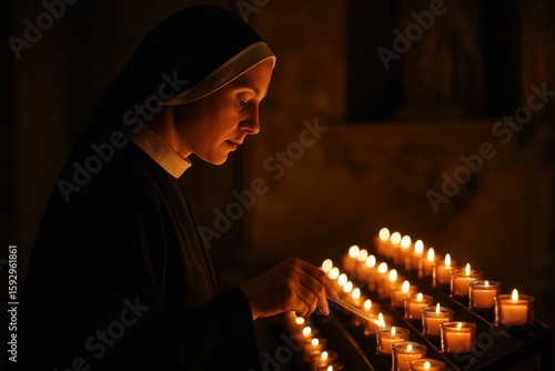 A devout nun with a serene expression illuminates votive candles in a dimly lit church, symbolizing faith, prayer, and spiritual devotion in a sacred space.