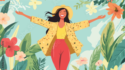 Joyful Woman in Spring Fashion Illustration