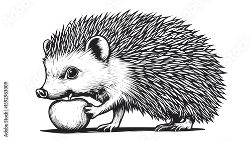 Cute Hedgehog Holding Apple in Monochrome