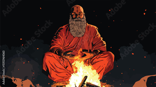 Hindu Man Bonfire Flat Vector Illustration