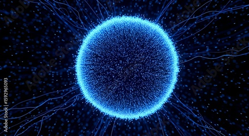 Abstract glowing blue sphere, like a neural network or data core, pulsating with energy and radiating connections into the digital future, illustrating Light & Energy as Texture.