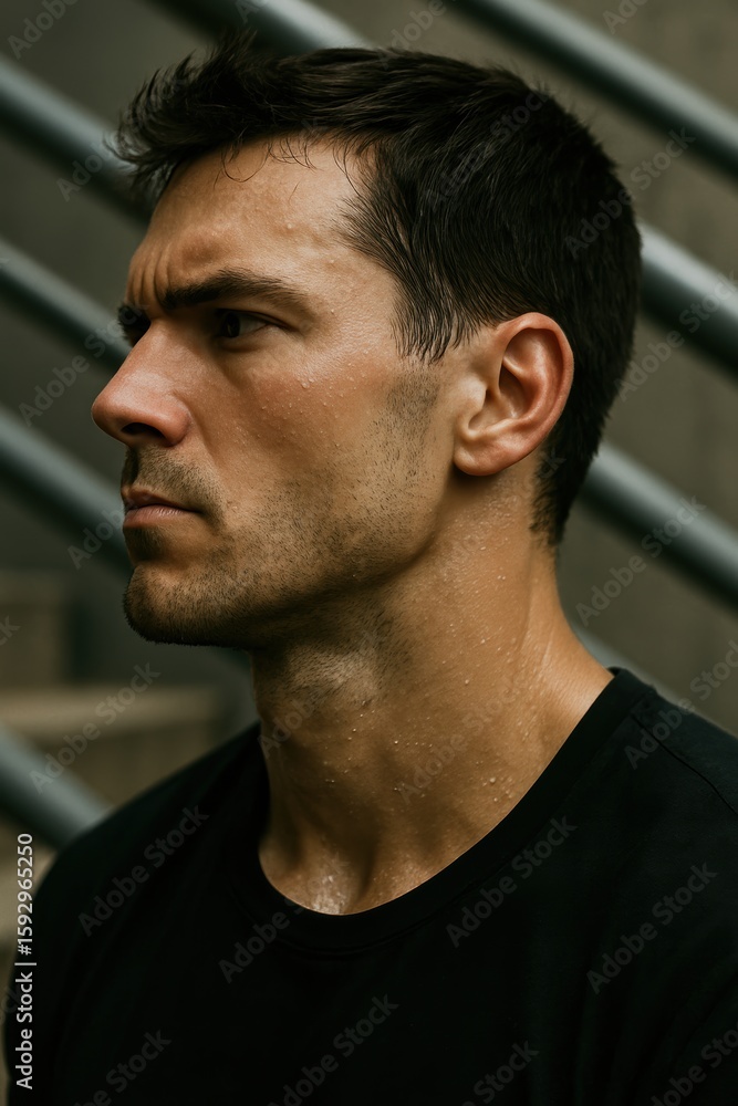 Fototapeta premium Serious young caucasian male outdoors with wet hair