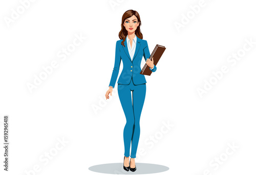 Businesswoman walking in blue suit holding a briefcase  
