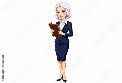 Businesswoman holding a clipboard and smiling in formal attire  