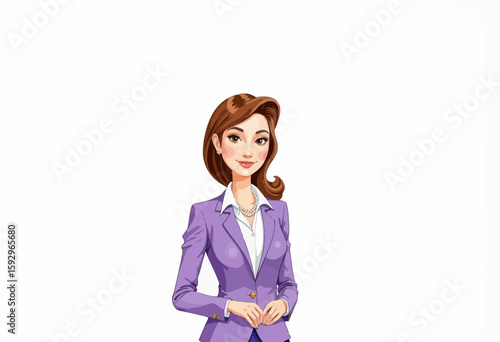 Professional woman smiling in a purple suit on white background  