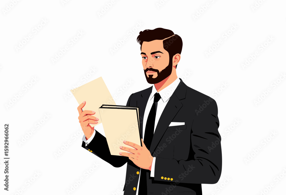 Businessman holding documents and contemplating in formal suit Businessman holding documents and contemplating in formal suit