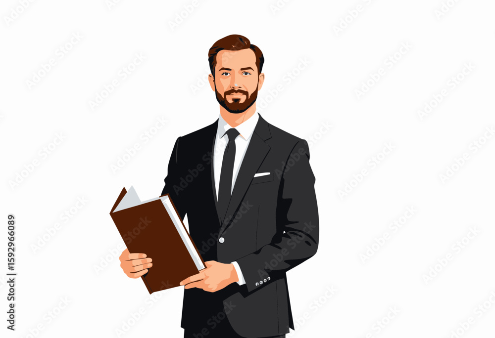 Businessman holding a book in a suit with a confident expression Businessman holding a book in a suit with a confident expression