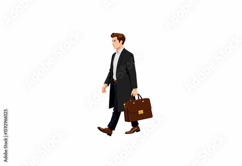 Businessman walking with briefcase in formal attire on white background  