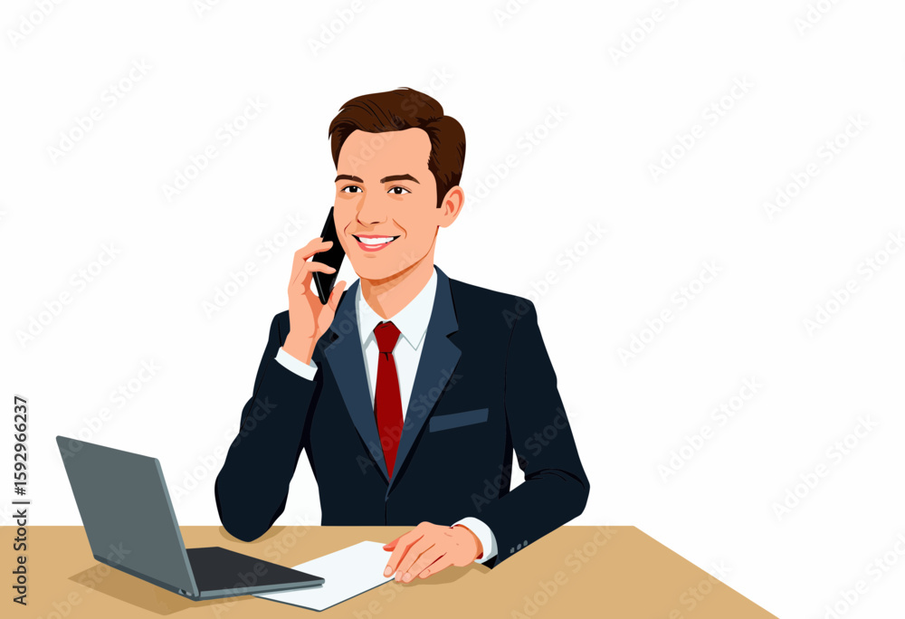 Businessman talking on smartphone while sitting at desk with laptop Businessman talking on smartphone while sitting at desk with laptop