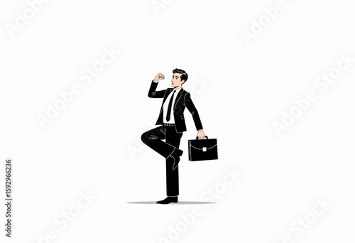 Businessman walking confidently while holding briefcase and raising fist  