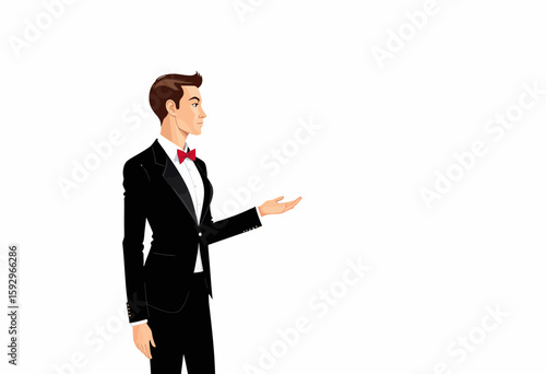 Young man in tuxedo gesturing with hand on white background  