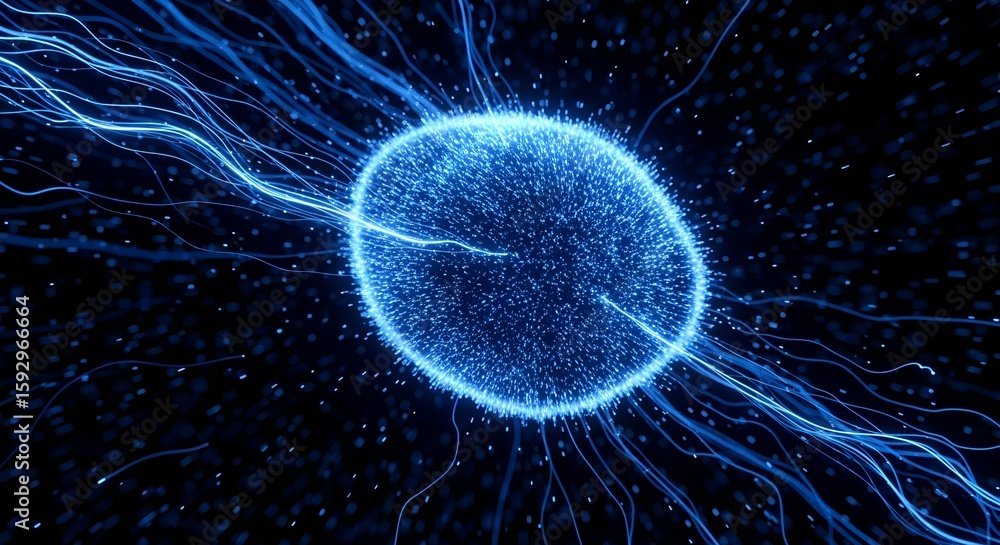Fototapeta premium Vibrant blue energy sphere with intricate glowing tendrils representing data flow or neural networks in an abstract, futuristic concept for Light & Energy as Texture.