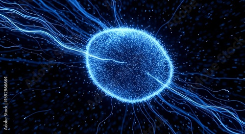 Vibrant blue energy sphere with intricate glowing tendrils representing data flow or neural networks in an abstract, futuristic concept for Light & Energy as Texture.