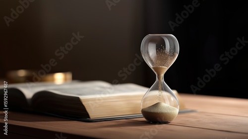 A photorealistic image of an elegant hourglass with slowly flowing fine sand is placed on a wooden table next to an open Bible, while soft, warm lighting casts subtle shadows.