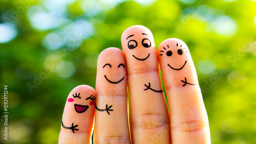 Happy family of fingers with smiley faces enjoying a sunny day outdoors