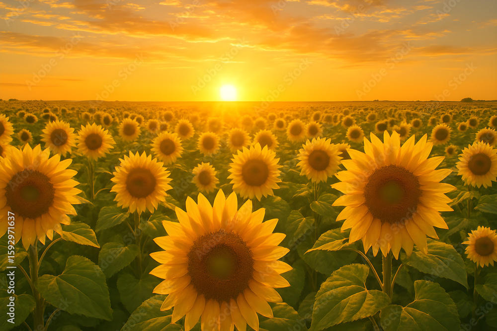Fototapeta premium Field of Sunflowers Facing the Rising Sun - Golden Light and Joyful Landscape
