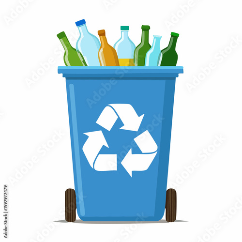 Recycling bin with bottles – Blue bin half-filled with plastic and glass.
