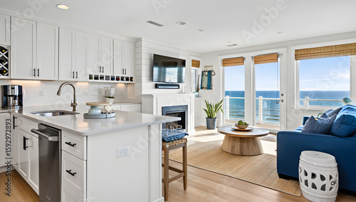 Bright Coastal Kitchen and Living Room with Ocean View: Modern Farmhouse Style