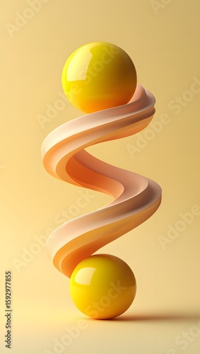 Abstract yellow spheres balanced on spiral shape for modern art design concept