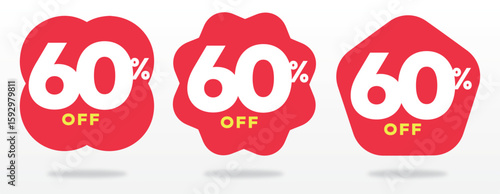 60% off, shop, marketing, shape, template, promo, price,  ticker, special, label, advertising, offer, store, retail. Tag, store, red, set, vector, icon