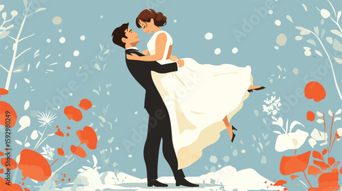 Elegant groom carrying bride tenderly embrace