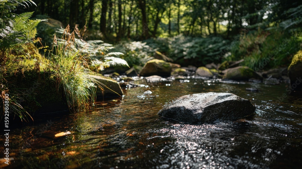 Rocky stream bed in a sunlit forest. Rocky stream bed in a sunlit forest.
