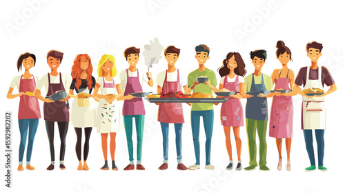 Young People Cooking Together Vector Illustration