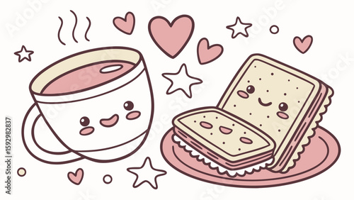 Cute cartoon teacup and sandwich enjoying a cozy moment together, surrounded by hearts and stars.