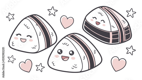 Three cute onigiri rice balls with smiling faces, wrapped in nori seaweed, surrounded by hearts and stars.