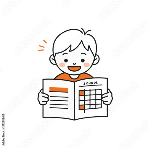 A young boy is enthusiastically reading a school newspaper.