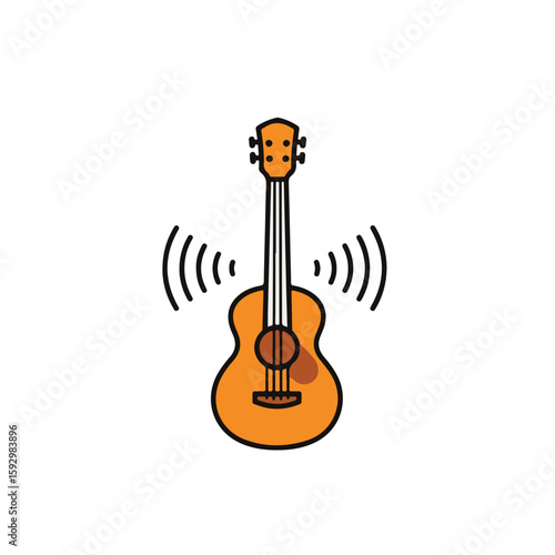 An acoustic guitar with sound waves, an illustration representing music and melody.