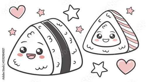Two cute onigiri characters with smiling faces, surrounded by hearts and stars, in a kawaii style illustration.
