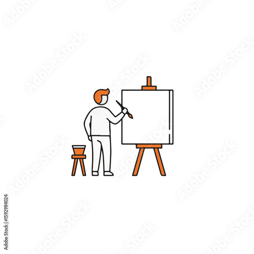 Artist at work, with brush and easel ready for painting.