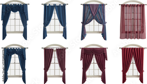 Elegant window treatments featuring various curtain styles and colors