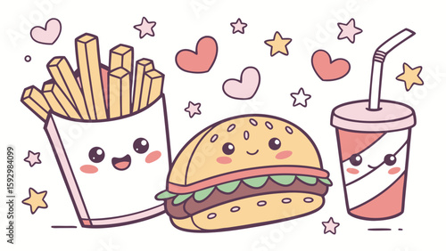 Cute cartoon illustration of fast food items, including fries, burger, and soda.