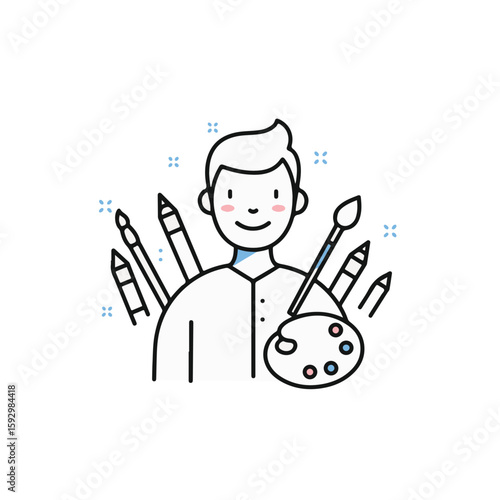 An artist holding a paint palette and brushes in their hands.