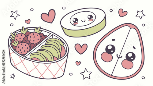 Cute cartoon fruit and vegetable illustrations in a bento box style, featuring kawaii faces on sliced fruits and berries.