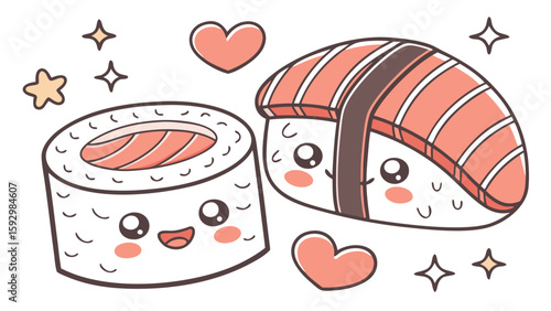 Adorable cartoon sushi, maki roll and nigiri, smiling, hearts.