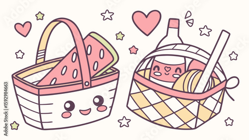 Two cute picnic baskets filled with watermelon, a jar, a bottle, and a ball, surrounded by hearts and stars.