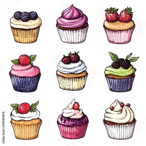 Hand-drawn Cupcake Sketch Set