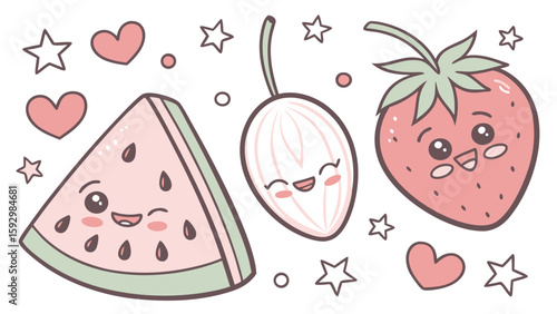 Adorable cartoon illustrations of a watermelon slice, a seed, and a strawberry, all smiling happily.