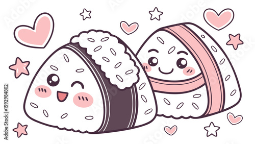 Two adorable, smiling onigiri characters with kawaii expressions and pink heart and star decorations.