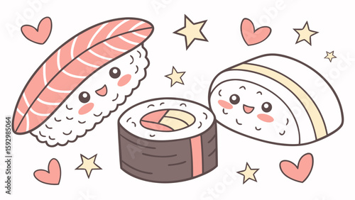 Adorable cartoon sushi characters with smiling faces, surrounded by hearts and stars.
