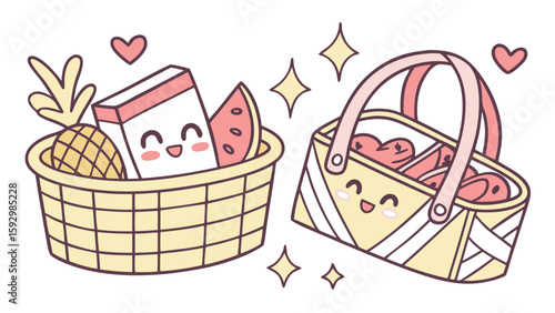 Two cartoon picnic baskets filled with food items and hearts, smiling with joy.