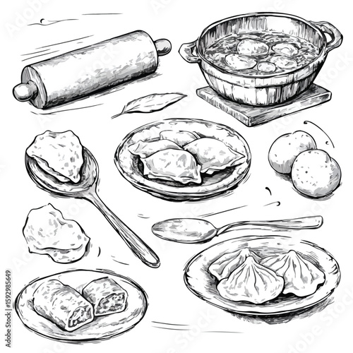 Russian Cuisine Sketch Set on Board